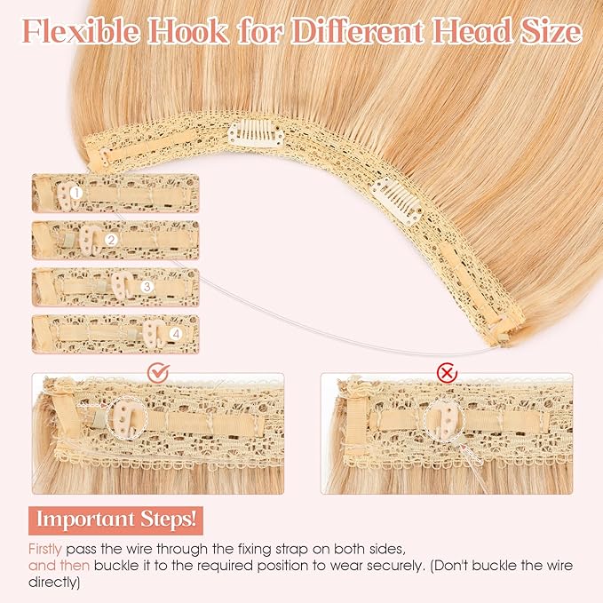 Hairro Wire Hair Extensions Human Hair, Fish Line Invisible Adjustable & Clips in Extensions Straight, 100% Real Hairpieces Seamless Blending for Women, 22 Inch 100g Ash Blonde Mix Bleach Blonde