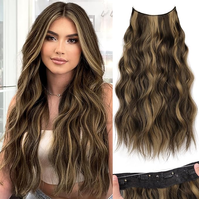 KooKaStyle Invisible Wire Hair Extensions with Transparent Headband Adjustable Size 4 Secure Clips Long Wavy Highlight Synthetic Hairpieces 20 Inch Balayage Chocolate Brown to Caramel Blonde for Women