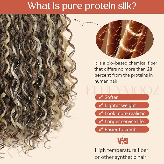 FLUFYMOOZ Clip in Hair Extensions, 18'' 4PC 100％ Pure Protein Silk Curly Hair extension for Women Lace Weft Hairpiece Natural Soft and comfortable for Daily Use-Medium Brown Ash Blonde Highlight