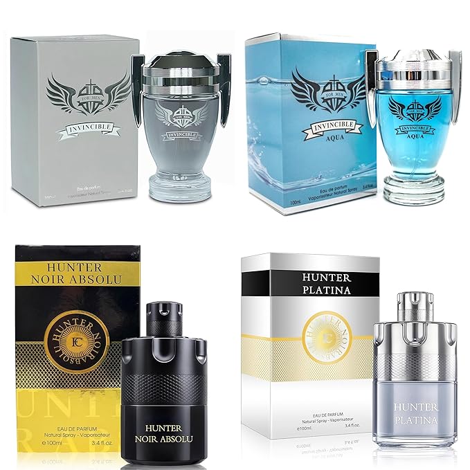Men's Cologne Gift Set 4 Pack(Invincible Aqua&Grey,Hunter Platina&Noir) - 3.4 Fl Oz Each | Vanilla Bourbon, Leather & Amber Floral Fragrance | Luxury Eau de Toilette Quartet