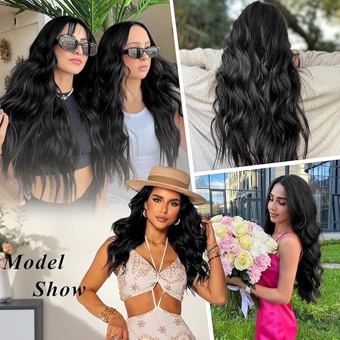 ALXNAN Clip in Hair Extension,Long Wavy Hair Extensions 20 Inch Black 4PCS Thick Hairpieces for Women