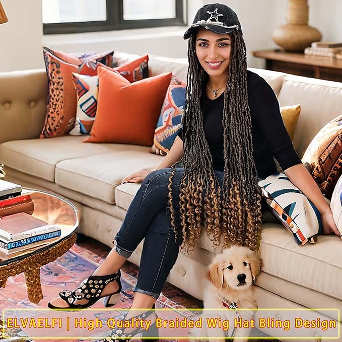 36" Nu Locs Crochet Hair Curly Ends Gradient Brown, Pearl Baseball Cap Wigs for Women Girls Easy Styling