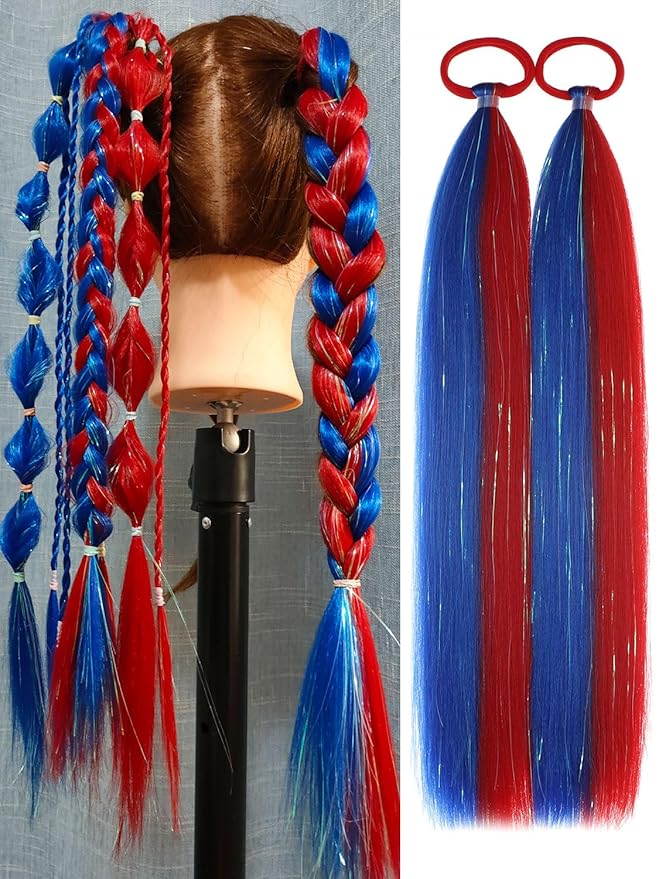 Red and Blue Hair Extensions for Braids Ponytail Extension 2 Packs, 20 inch Crazy Hair Day Accessories for Women, DIY Festival Wacky Rave Braids for Women,Tinsel Mixed