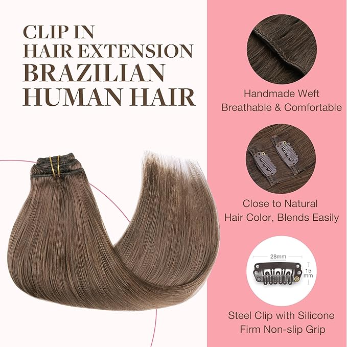 GOO GOO Clip in Hair Extensions Real Human Hair, Remy Human Hair Extensions Clip ins for Women, Natural Human Hair, 20inch 160g 7Pcs, #5 Light Ash Brown