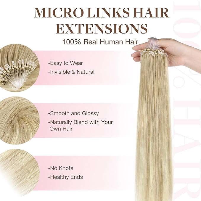 GOO GOO Micro Link Tip Hair Extensions, 14inch 50g 50S, Cold Fusion, Invisible Remy Human Hair, 18ET90A Natural Blonde Balayage