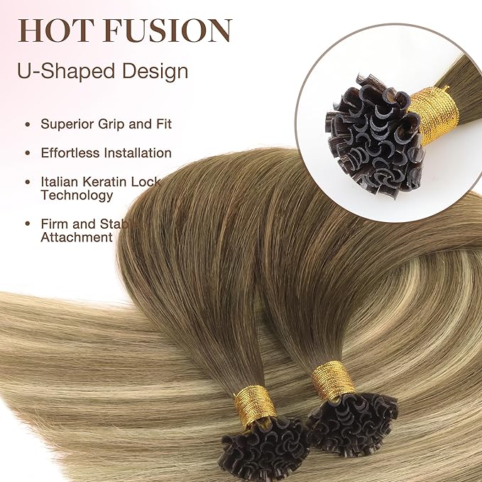 GOO GOO U Tip Hair Extensions - Real Human Hair, 20inch 50g 50S, Hot Fusion U Tip, Invisible Remy, 3/8/613 Balayage Walnut Brown to Ash Brown and Bleach Blonde