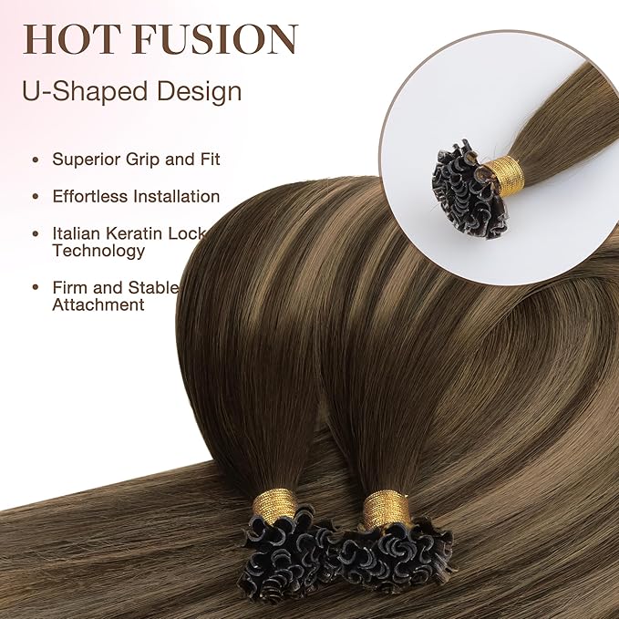 GOO GOO U Tip Hair Extensions Real Human Hair, 18inch 50g 50S, Invisible Remy Hot Fusion U Tip Hair Extensions,4/27/4 Balayage Chocolate Brown to Caramel Blonde