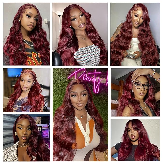 Human Hair Wig 30 Inch Lace Front Wigs Human Hair 99j Burgundy 13x6 200% Density Glueless HD Transparent Burgundy Wine Red Body Wave Wig Pre Plucked With Baby Hair