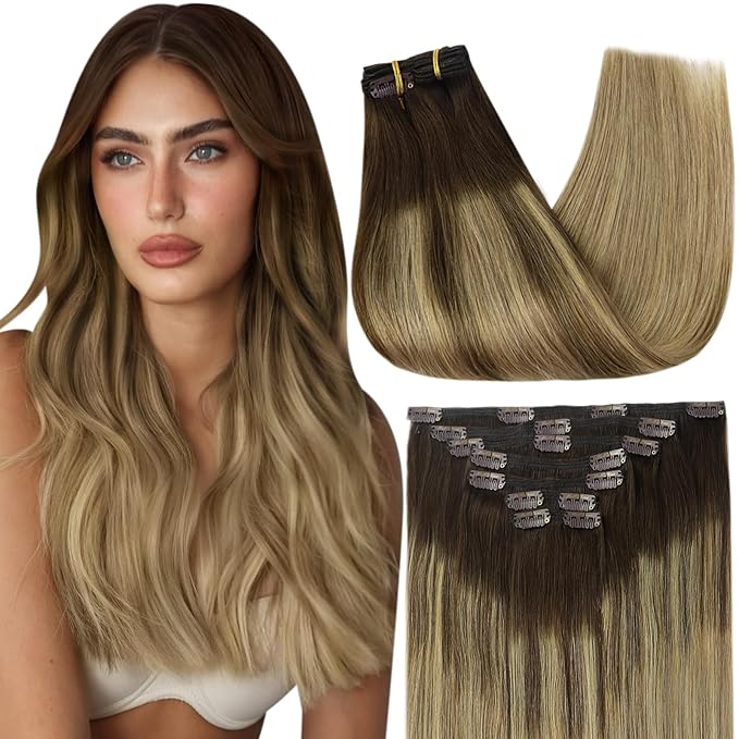 Full Shine Hair Extensions Clip ins Brown Balayage 12 Inch Dark Brown Ombre Light Brown Highlights Caramel Blonde Clip in Real Hair Extensions for Short Thin Hair 95 G 7 Pcs
