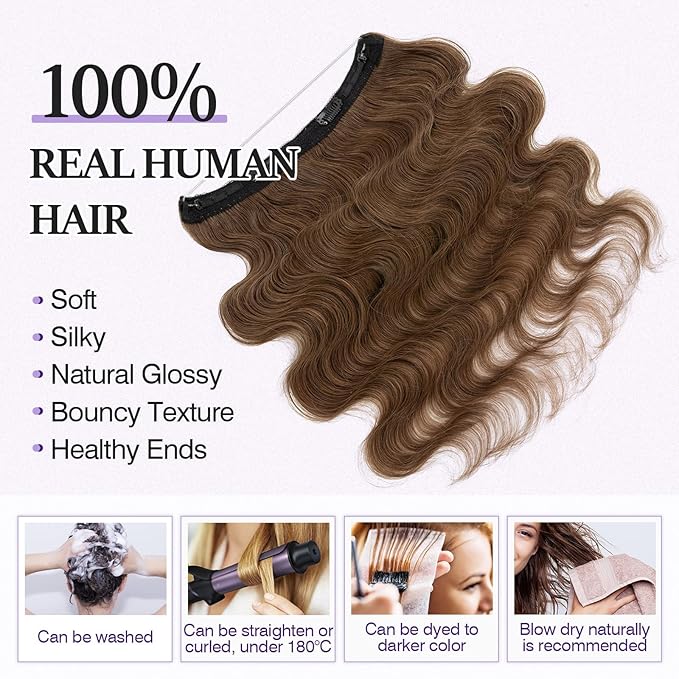 Halo Hair Extensions Real Human Hair,Halo Hair Extension 100% Human Hair,Wire Hair Extensions,Wavy Warm Brown 12inch/55g