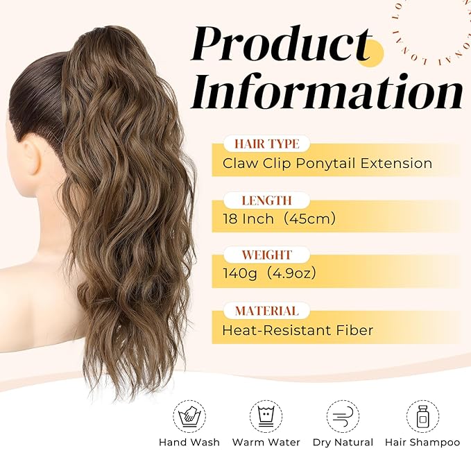 LONAI Ponytail Extension, 18" Wavy Claw Clip Ponytail Extensions ZJ001Curly Wavy Claw Clip in Hair Extensions Synthetic Fake Pony tails Hairpieces-Medium Brown Mixed