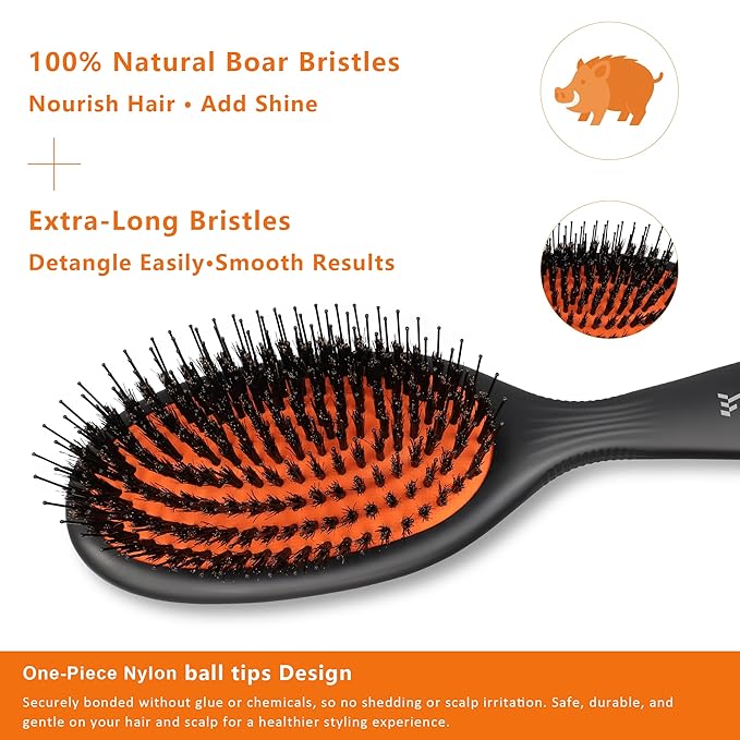 Hair Brush, Nylon and 100% First Cut Soft Boar Bristle Brush for Women Men Kids - Suitable for Fine/Thick/Long/Curly/Thinning/Wet/Dry Hair,Smooths Frizz and Enhance Shine & Salon-Quality