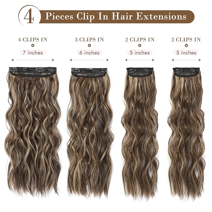 REECHO Hair Extensions, 4PCS Clip in Hair Extensions HE001 Natural Soft Synthetic Hairpieces for Women, Chocolate Brown with Blonde Highlights