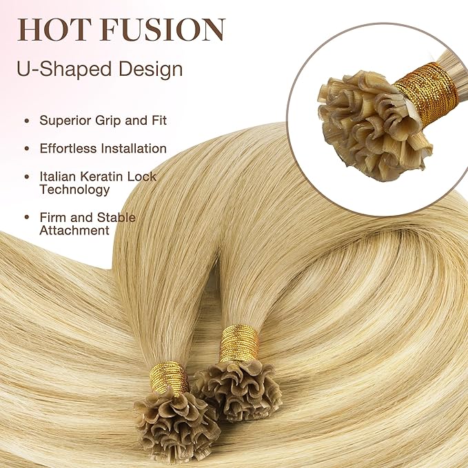GOO GOO U Tip Hair Extensions Real Human Hair, 22inch 50g 50S, Hot Fusion U Tip Hair Extensions, 18AT60A Pearl Ash Blonde Highlights
