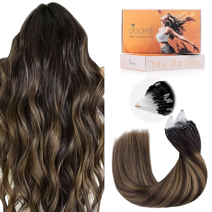 DOORES Micro Loop Hair Extensions Real Human Hair, Balayage Dark Brown to Chestnut Brown 24 Inch 50g/50s, Human Hair Extensions, Fusion Hair Extensions