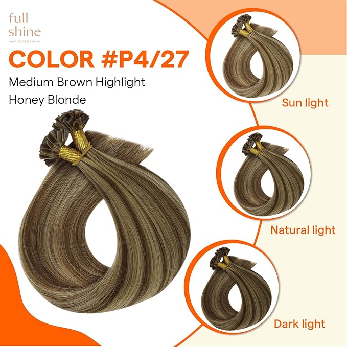Full Shine K Tip Hair Extensions Real Human Hair Brown and Blonde Highlighted 18 Inch Keratin Bond Hair Extensions 50 Grams Soft Natural Remy Hair for Women