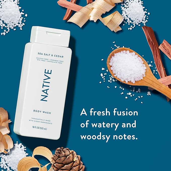 Native Body Wash Contains Naturally Derived Ingredients | For Women & Men, Sulfate, Paraben, & Dye Free Leaving Skin Soft and Hydrating | Sea Salt & Cedar 18 oz