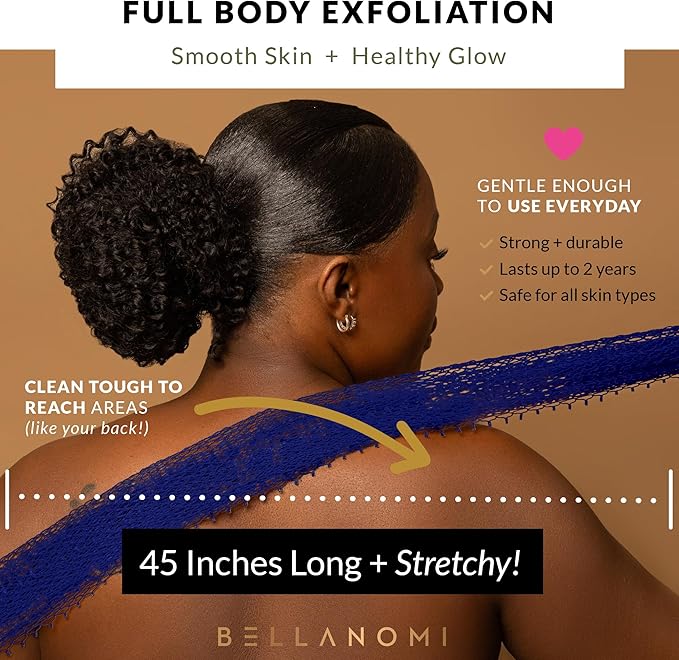 BELLANOMI 4 Piece African Exfoliating Net Sponge Long African Bath Sponge, Authentic Ethically Sourced from Nigeria, Great for Daily Use (Navy Blue, Baby Blue, Blush, Pink)