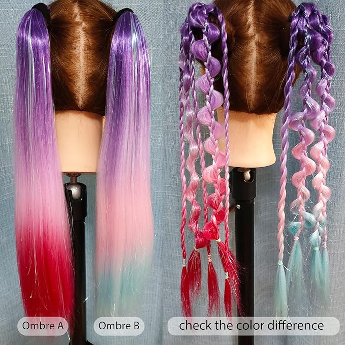 Colored Hair Extensions for Braids Ombre Ponytail Extension Colorful 2 Packs, 20 inch Crazy Hair Day Accessories for Women, DIY Festival Wacky Rave Braids,Tinsel Mixed