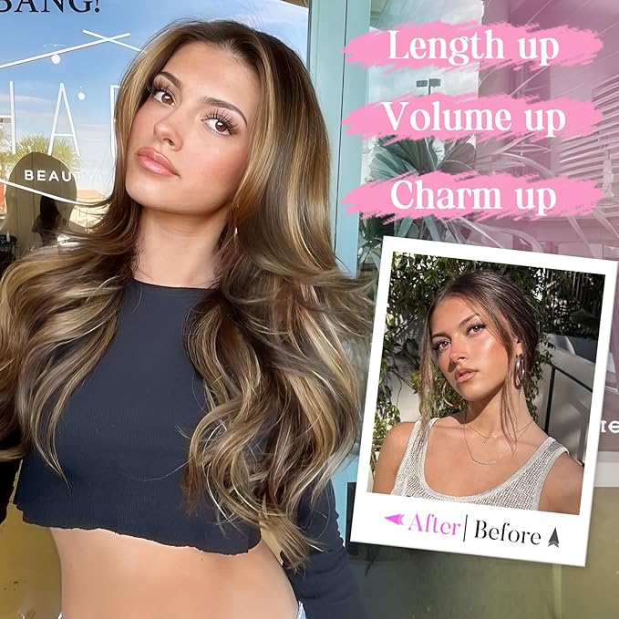 Invisible Wire Hair Extensions with Transparent Wire Adjustable Size 4 Secure Clips Long Wavy Secret Hairpiece 20 Inch for Women(Balayage Chocolate Brown to Caramel Blonde)