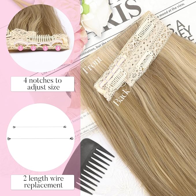 Invisible Wire Hair Extensions with Transparent Wire Adjustable Size 4 Secure Clips Long Wavy Secret Hairpiece 20 Inch for Women(Light Brown mix Golden Blonde)