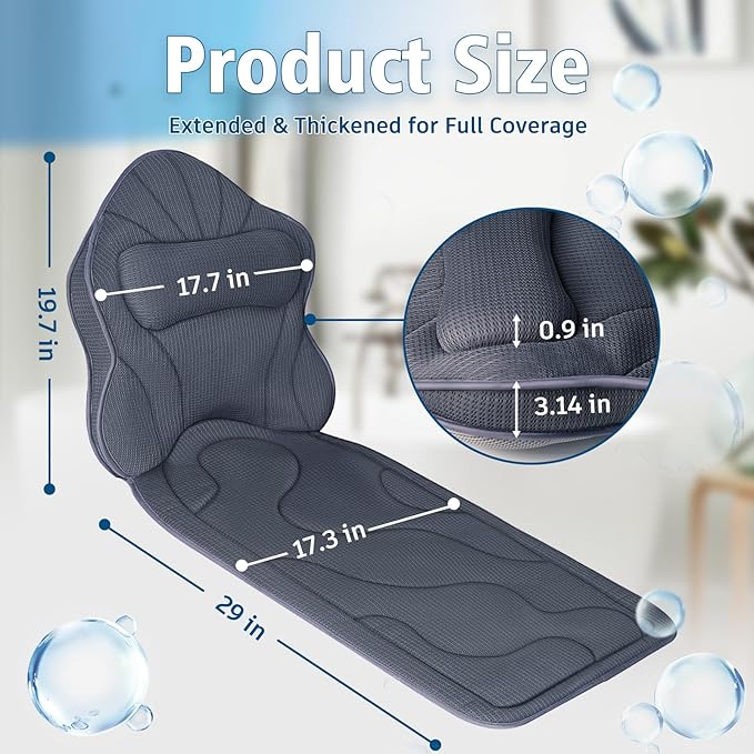 Full Body Bath Pillow for Tub-Extra Thick Bathtub Pillow with Head & Neck Support, Soft Tub Pillow for Comfort, Non-Slip Bath Cushion for Women, Men & Seniors, Luxury Bathroom Accessories