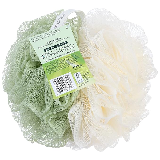 EcoTools Green 2-in-1 EcoPouf, Dual-Sided Shower Loofah Exfoliates & Cleanses Skin, Made of Recycled Netting, Removes Dead Skin, Eco-Friendly Bath Accessory, Cruelty-Free, 6 Count (60g)