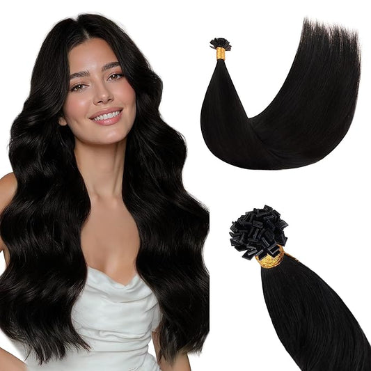 GOO GOO Mini Flat Tip Hair Extensions K Tip, Invisible Hot Fusion Human Hair Extensions, 18inch 50g 63S, 1 Jet Black