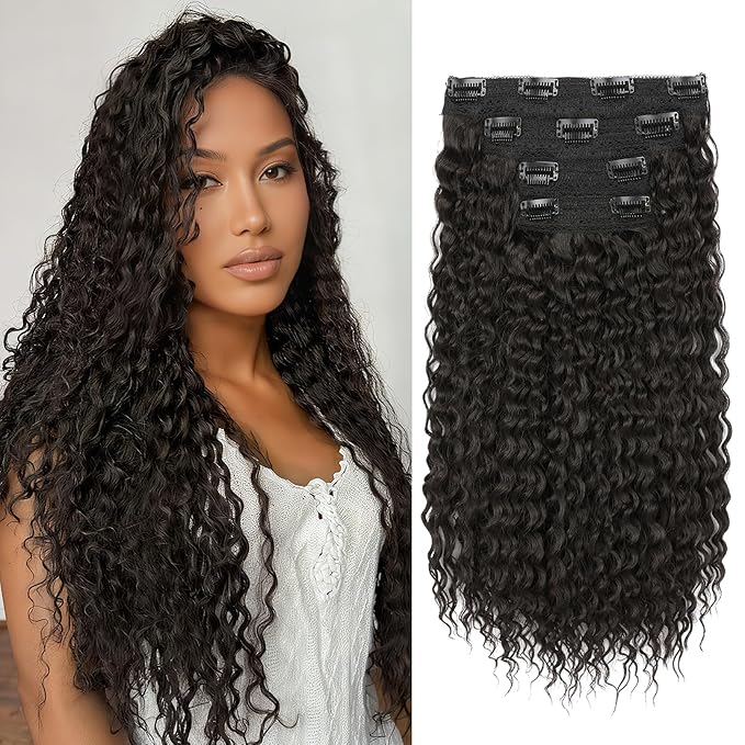 REECHO Hair Extensions - 4PCS 20" Water Wave Clip in Hair Extensions 100% Super Protein Silky Soft Natural Look with Invisible Lace Weft Hairpieces for Women - Black Brown