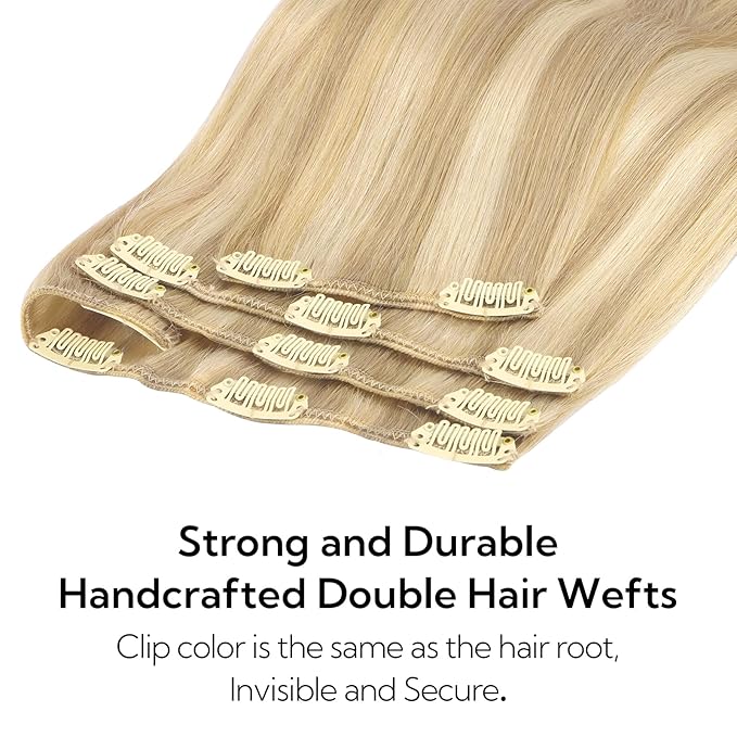 HOTBANANA Clip in Hair Extensions Real Human Hair, 135g 9pcs 16 inch Dirty Blonde Mixed Bleach Blonde Straight Remy Clip in Extensions Full Head for Women