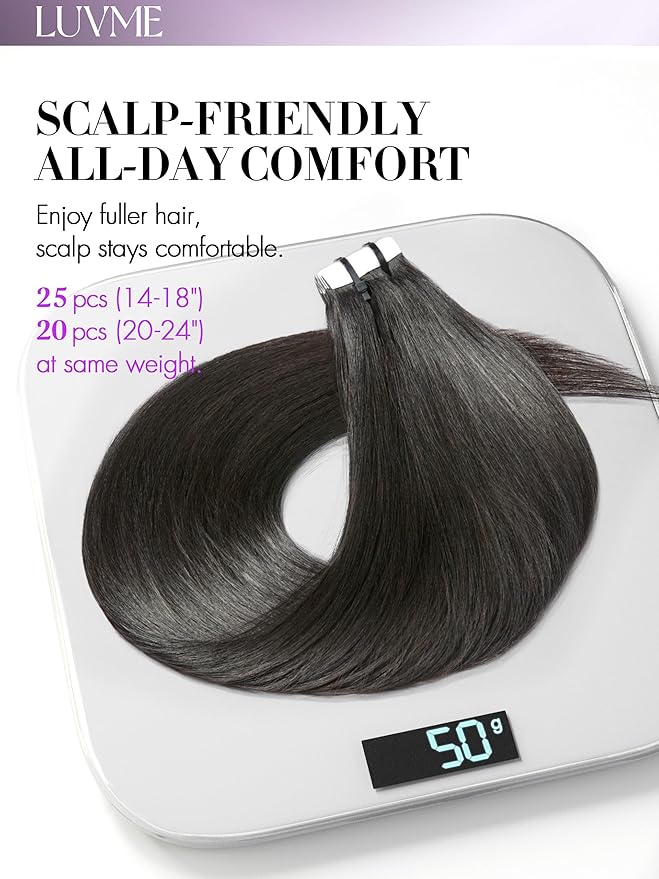 LUVME Tape in Extensions Human Hair 14 Inch 50g 25pcs Silky Straight Natural Black Double Sided Invisible Tape Extensions