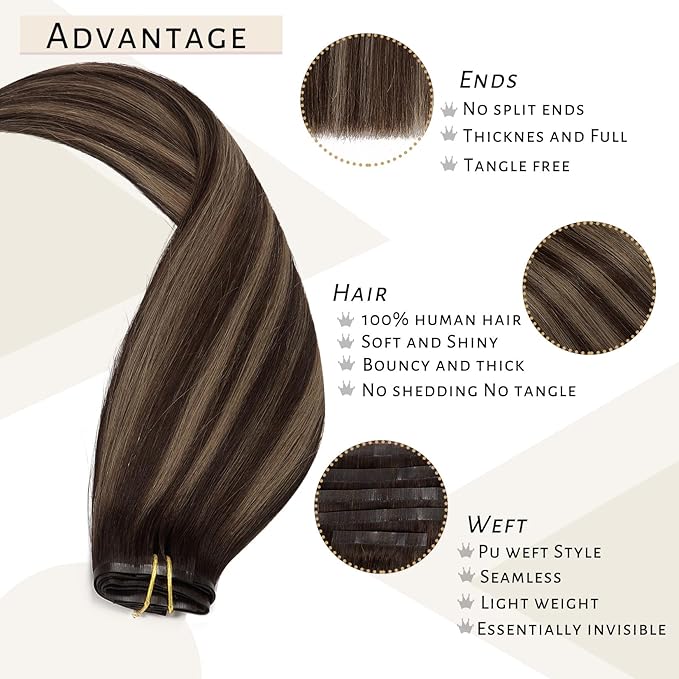 Caliee Seamless Clip in Hair Extensions Remy Human Hair 7 Pcs Ultra Thin PU Skin Weft Balayage Hair Extensions Clip ins R2-2-6 Chestnut Brown Mixed Dark Brown 14 Inch 110G