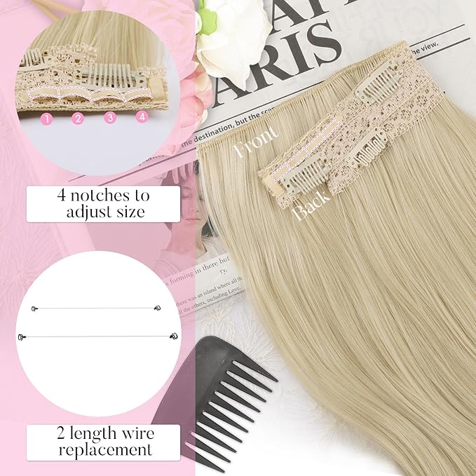 Invisible Wire Hair Extensions with Transparent Wire Adjustable Size 4 Secure Clips Long Wavy Secret Hairpiece 20 Inch for Women(Platinum Blonde)