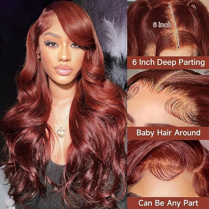 Aicrelery Reddish Brown Wigs 13X6 Reddish Brown Hd Lace Front Wigs Human Hair Body Wave 33b Auburn Glueless Frontal Wig for Black Women 180% Density Full and Thick 22 Inch