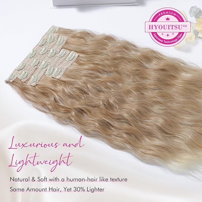 REECHO Clip in Hair Extensions, 5PCS Blonde Hair Extensions 24" Thick Long Loose Waves hair extensions HE002 Invisible Lace Weft Natural Soft Hairpieces for Women – Dark Blonde with Light Ends