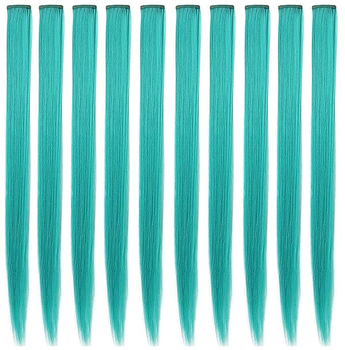 10 PCS 20 inch Teal Hair Extensions Wig Pieces Colorful Party Highlights Hair Extensions Clip in,blue Straight Synthetic Hairpieces for Women Kids Girls Hair Accessories (Teal)
