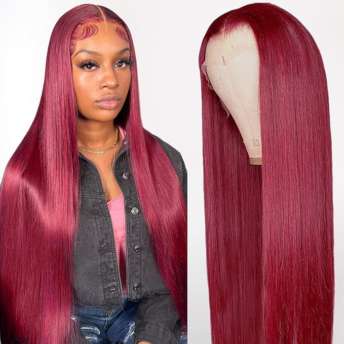 99j Burgundy 13x6 HD Lace Front Wigs Human Hair,100% Human Hair,[2 Year Life],200% Density 30 Inch Straight Burgundy Wig Human Hair Pre Plucked for Black Women Free Part