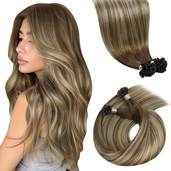 LaaVoo U Tip Hair Extensions Human Hair Dark Brown Ombre Light Brown Mix Blonde Balayage 20in 50g/50s