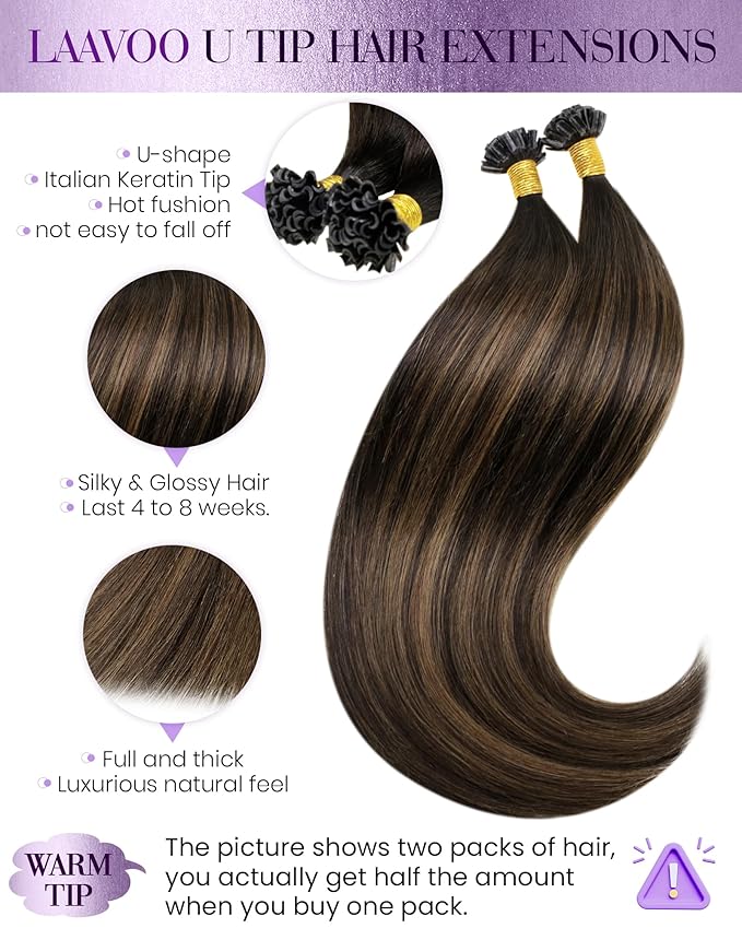 LaaVoo U Tip Hair Extensions Human Hair Hot Fusion Utip Hair Extensions Darkest Brown Mixed Medium Brown 20Inch 50G