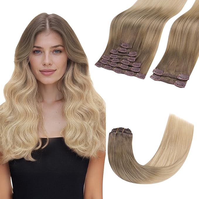 GOO GOO Clip in Hair Extensions Real Human Hair, Remy Human Hair Extensions Clip ins for Women, Natural Human Hair, 22inch 150g 9 Pcs, #9/18J/60 Chocolate Brown to Champagne Blonde Balayage