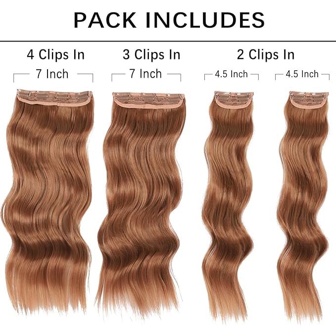 Vigorous Clip in Hair Extensions 4Pcs Long Wavy Hairpieces 20Inch Hair Extensions Clip Ins Soft Synthetic Hairpieces for Women （Orange Auburn）