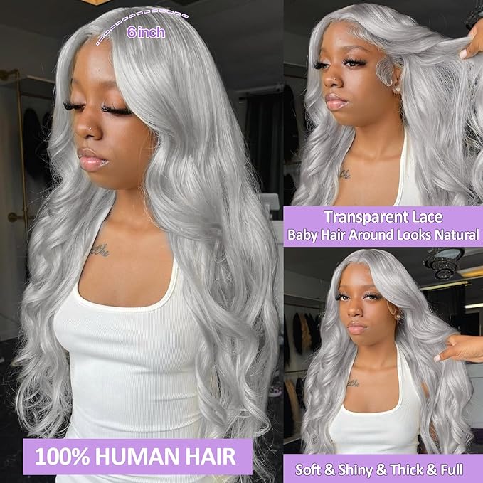 Grey 13x6 Lace Front Wigs Human Hair 200 Density HD Body Wave Lace Front Wigs Human Hair Pre Plucked Pre Cut Lace Frontal Wig 13x6 Body Wave Wig for Women 26 Inch