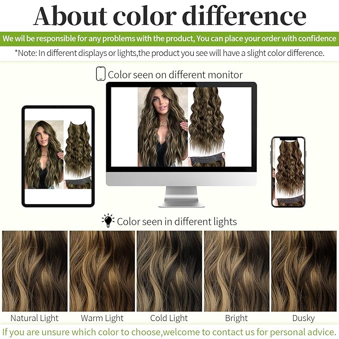 KooKaStyle Invisible Wire Hair Extensions with Transparent Headband Adjustable Size 4 Secure Clips Long Wavy Secret Wire Hairpiece 24 Inch for Women (Balayage Chocolate Brown to Caramel Blonde)