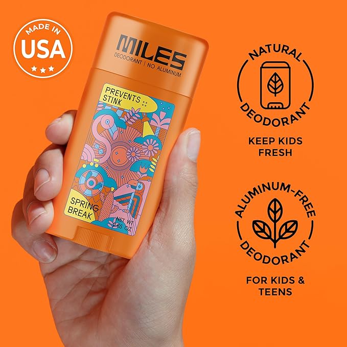 Miles Kids Deodorant for Boys and Girls - Aluminum Free Deodorant for Kids and Teens, Natural, Hypoallergenic, Made in USA - Spring Break Scent, 1-Pack