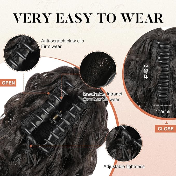 Flufymooz Ponytail Extension, 12" Short Claw Ponytail Extension Wavy Curly Jaw Clip in Pony tails Hair Extension Natural Synthetic Hairpiece for Women (Black Brown)