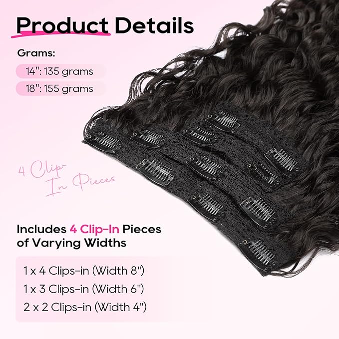 REECHO Curly Hair Extensions - 4PCS 18" GoGo Curly Clip in Hair Extensions 100% Super Protein Hairpieces with Invisible Lace Weft Silky Soft Natural Look for Women - Black Brown