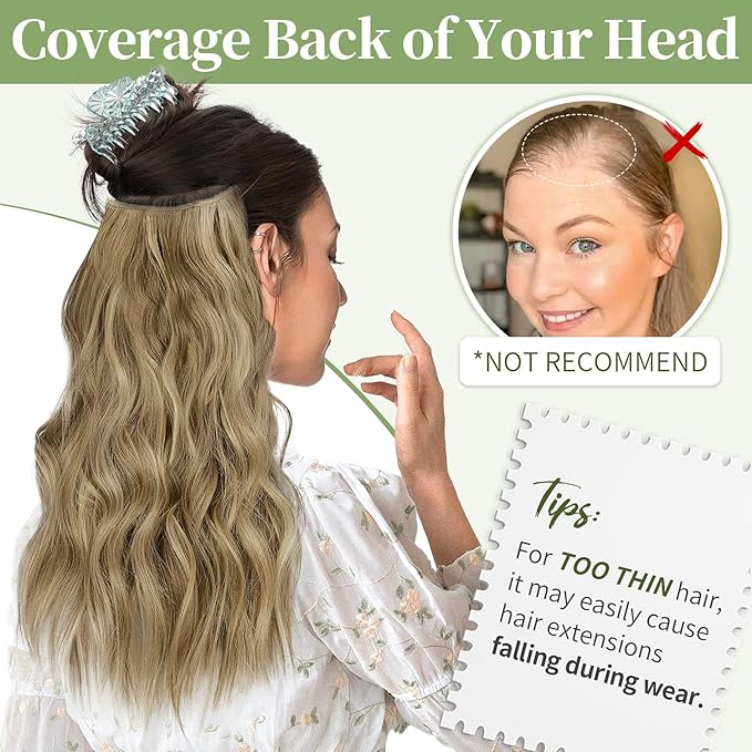 KooKaStyle Invisible Wire Hair Extensions with Transparent Headband Adjustable Size 4 Secure Clips Long Wavy Secret Wire Hairpiece for Women(16 Inch Light Brown mix Golden Blonde)