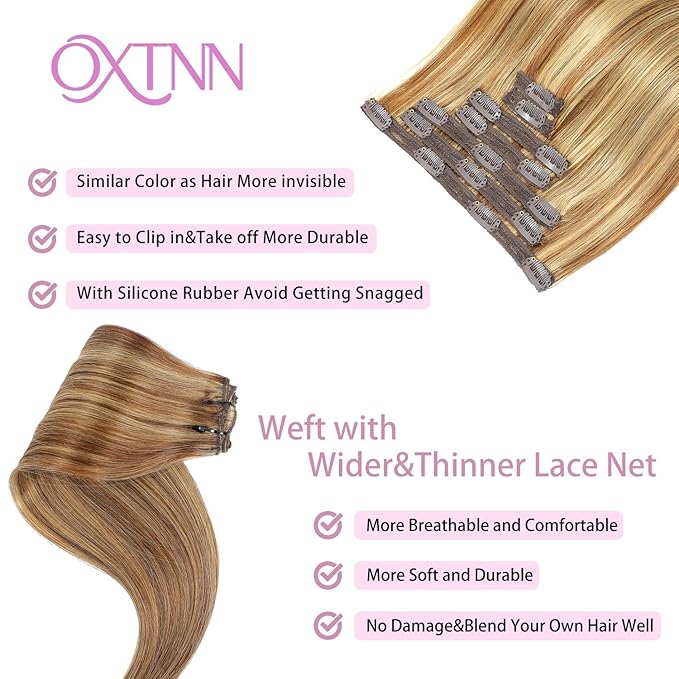 Clip in Hair Extensions Real Human Hair Chestnut Brown to Golden Blonde 14 inch 7pcs 70g/Pack, Human Hair Clip in Extensions, Salon-Grade Quality, Easy Comfort Wear for Women (#P6/22, 14 inch)
