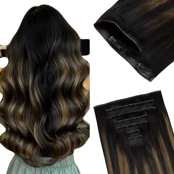 GOO GOO Invisi Edge Clip in Hair Extensions 20inch 130g 7Pcs Injected Seamless PU Clip in Hair Extensions, Virgin Real Human Hair, #1B/6/1B Balayage Natural Black to Chestnut Brown