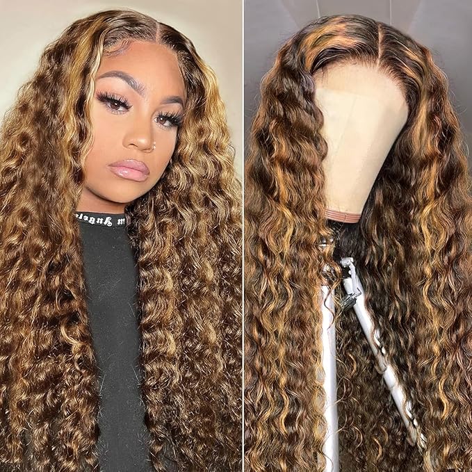 5x5 Highlight Water Wave Closure Wigs Human Hair 180% Density Curly Human Hair Wig Pre Plucked 22inch P4/27 Ombre 5x5 HD Lace Closure Wigs for Women(427curly 22inch)